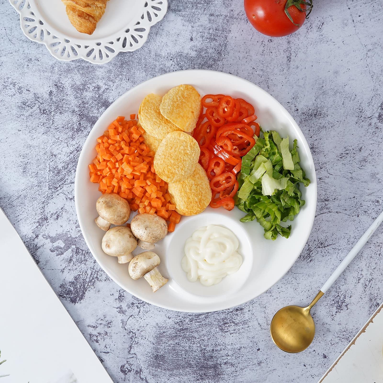 Porzellan-Servierset für Chips und Dips, 2-teilig, unterteilte Teller und Serviertabletts, ideal für Vorspeisen, Snacks, Desserts, Party-Servierung, elegantes Zuhause