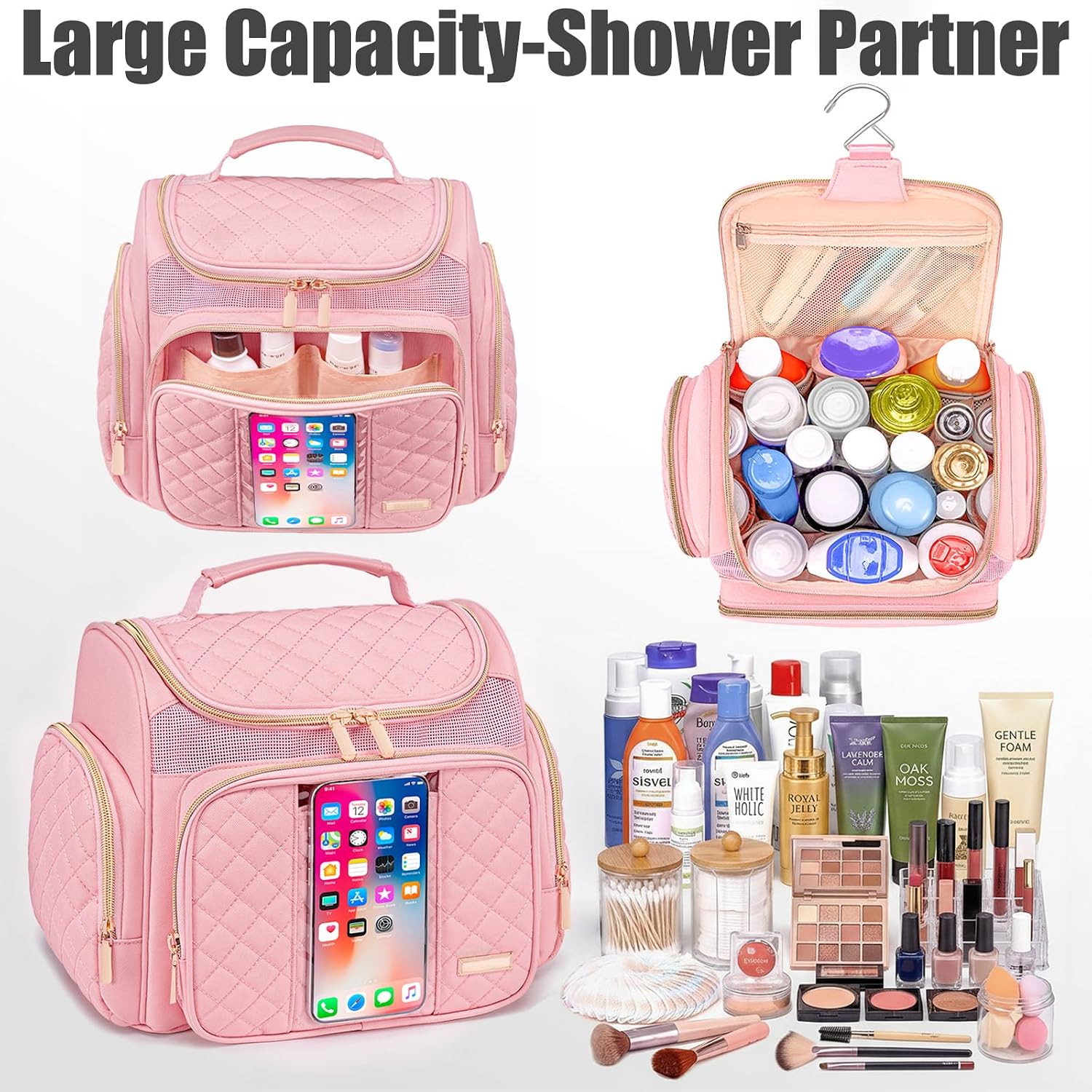 Large Toiletry Bag for Women Men,Bathroom Bag,Water Resistant Shower Bag,Makeup Bag,Toiletry Bags for Traveling,Hanging Toiletry Bag with Transparent Waterproof Phone Pocket (Pink)