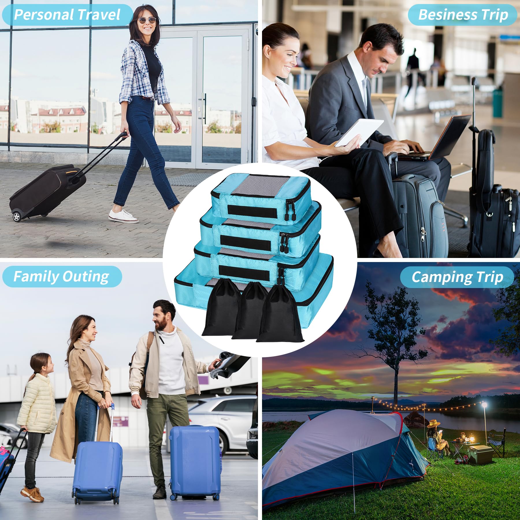 Set 7 Packing Cubes Per Valigia - Organizzatore Viaggio Con Sacchetti Compressione | Blu Impermeabile - Foto 9