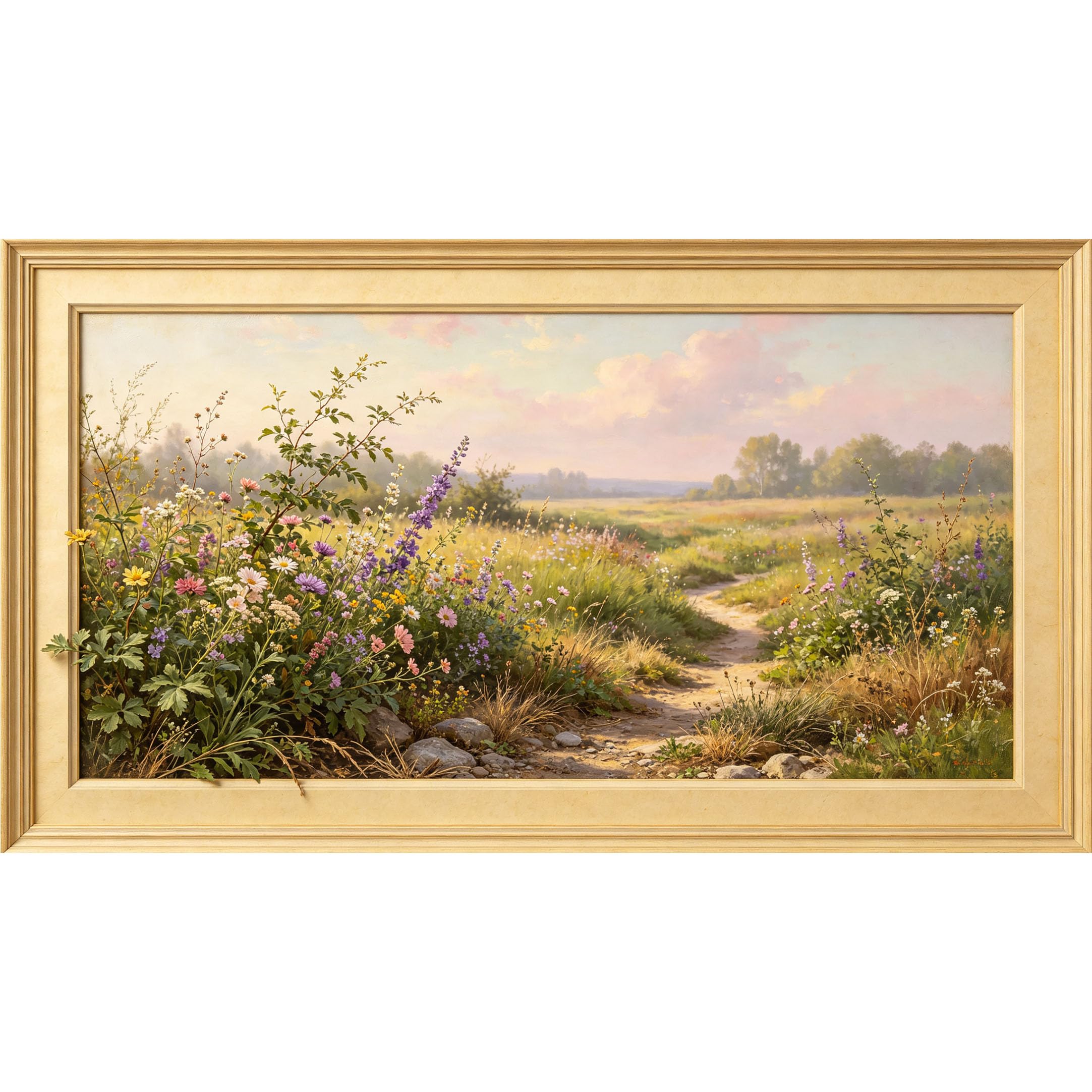 QZLITHOTIC 50x90cm3D Framed Wall Art， Botanical Landscape Meadow Path Wildflower Self‑Adhesive Mural， Water‑Activated Peel & Stick Fabric Decor Wall Decal for Bedroom Living Room