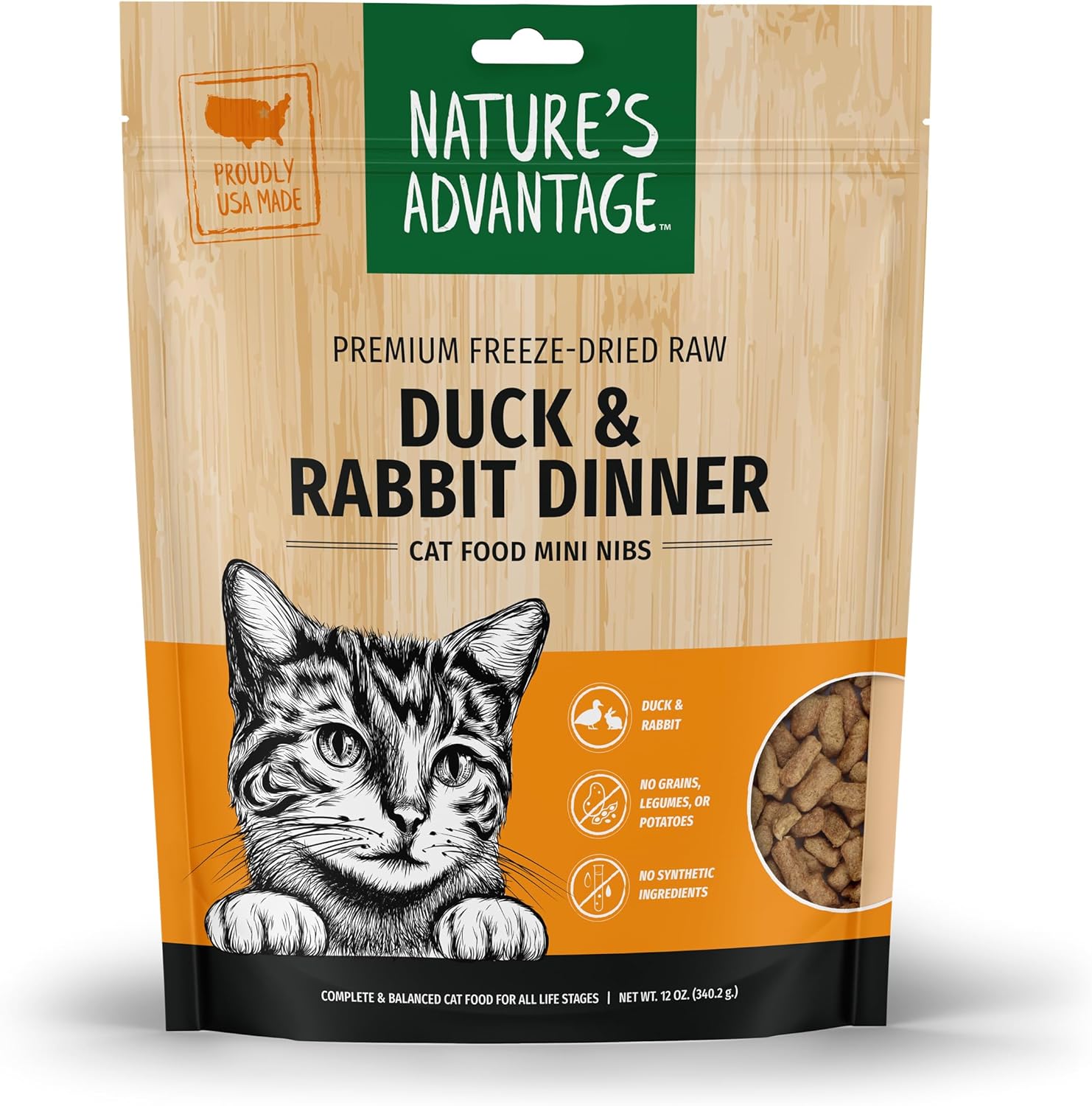 Nature's Advantage Freeze-Dried Raw Duck & Rabbit Dinner Cat Food Mini Nibs, 12 oz | Grain Free, High Protein Nutrition