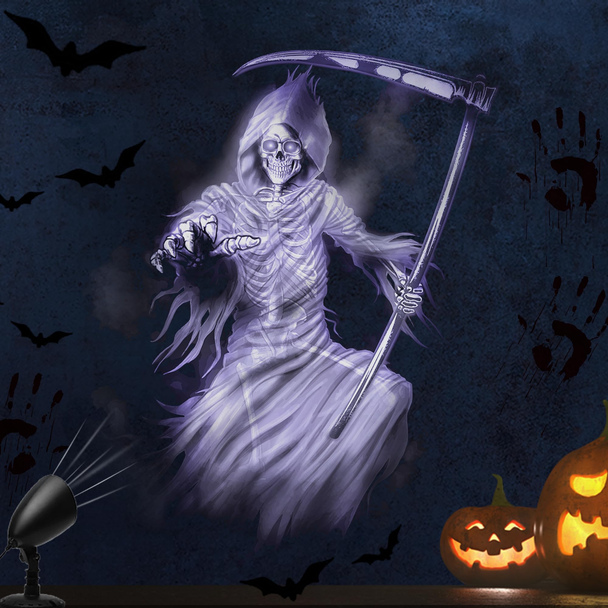 iShabao Projektor 3D Halloween z timerem, LED lampa wodoszczelna, biały ponury żniwiarz, na ścianę, okno, ogrod, podwórze, imprezę