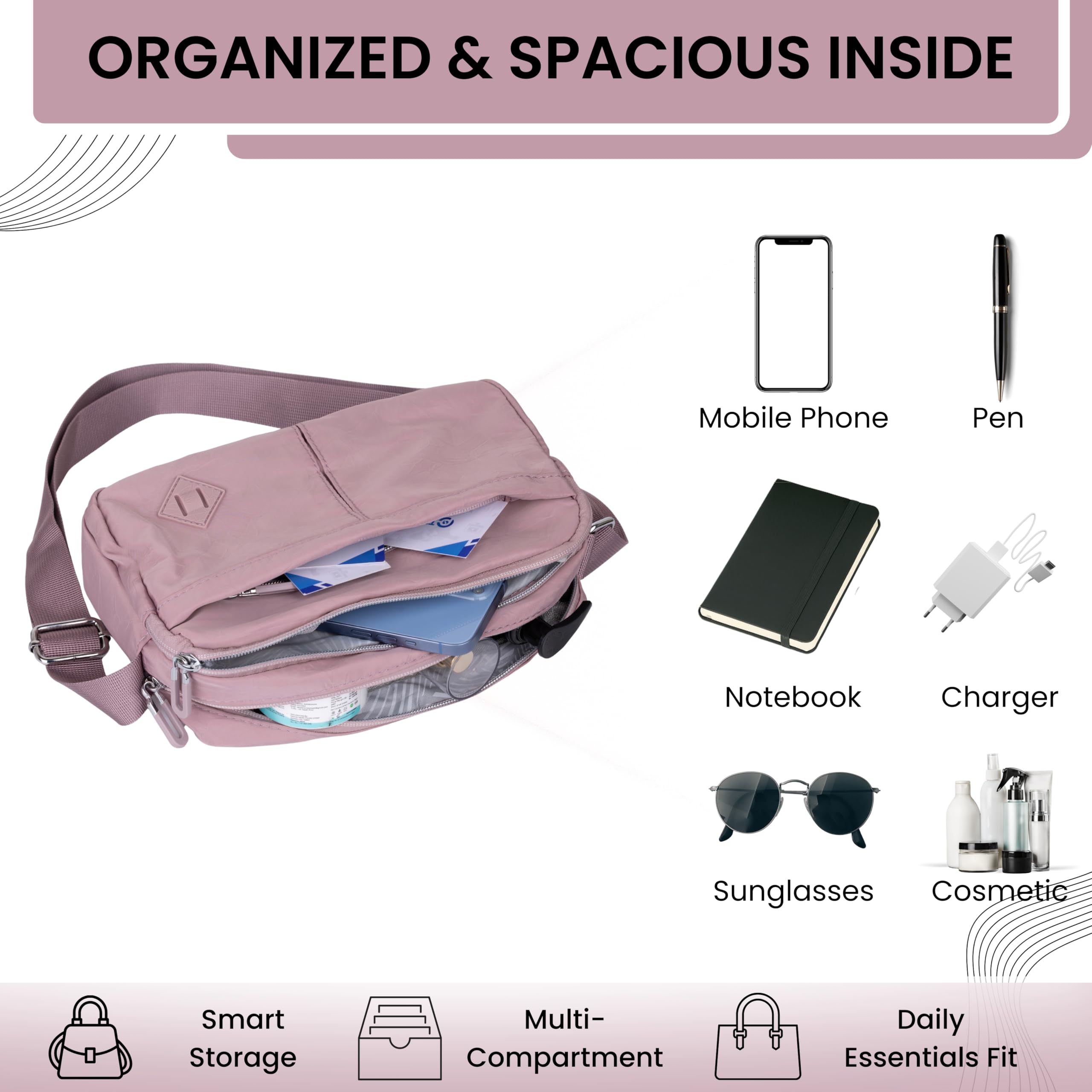 PRANIJ Women’s Crossbody Bag – Lightweight Waterproof Shoulder Bag with Multiple Pockets, Adjustable Strap, Stylish Travel Purse for Everyday Use (Orchid Blush) 2