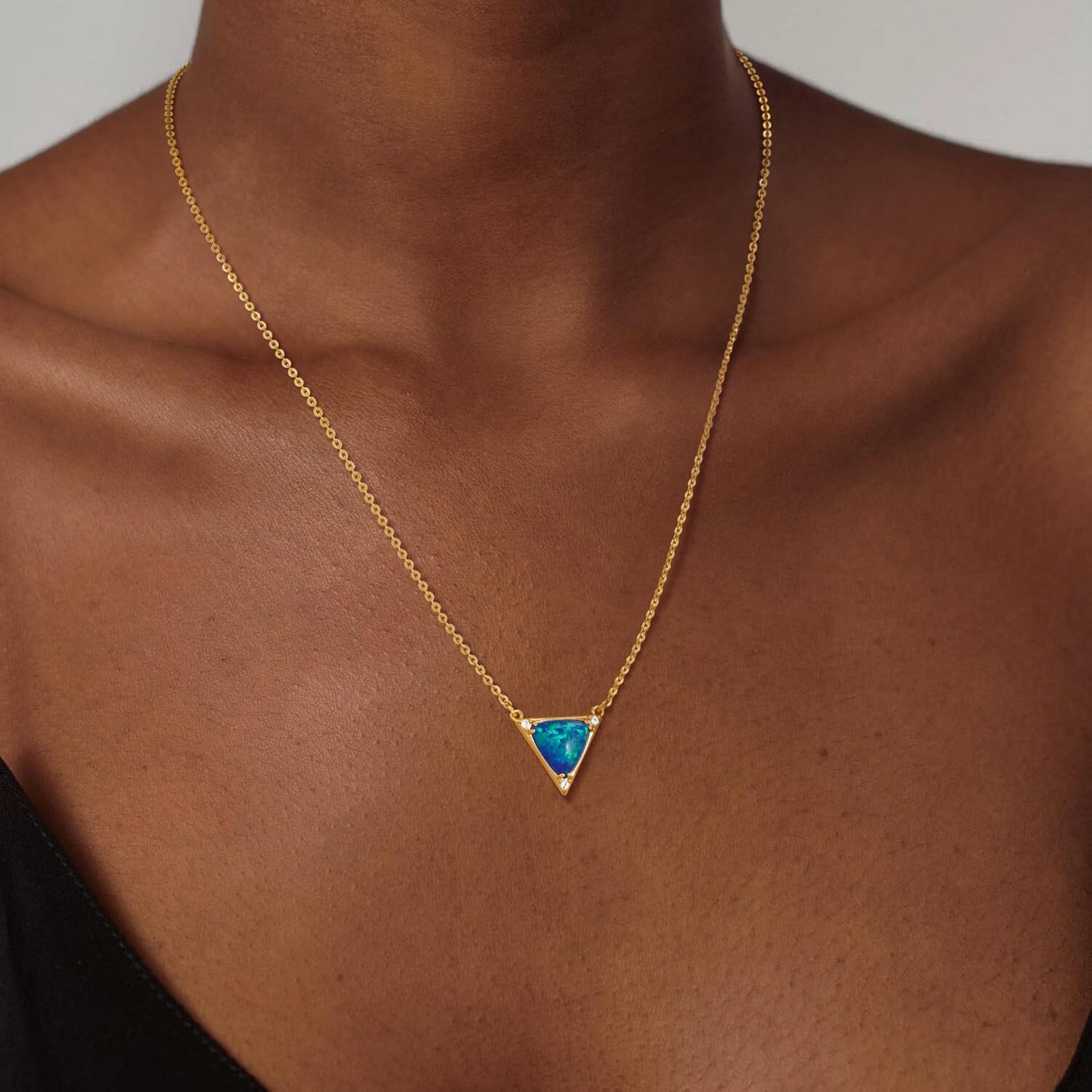 Triangle Shape Blue Opal Necklace for Women 14K Gold Plated Cubic Zirconia Dainty Created Opal Pendant Necklaces Opal Jewelry - Image 2