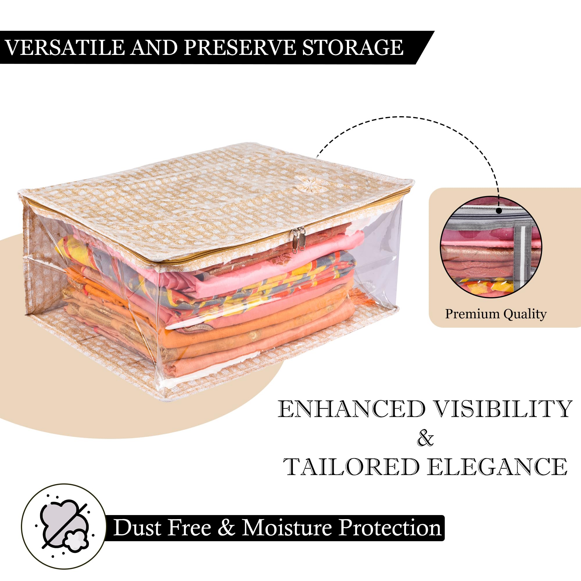 Kuber Industries Polyvinyl_Chloride Sari-Abdeckung mit Reißverschluss – Kleideraufbewahrungstasche, Kleiderschrank Organizer für Anzug, Seite transparent, Karo-Design, 22,9 cm, 2 Stück, Golden