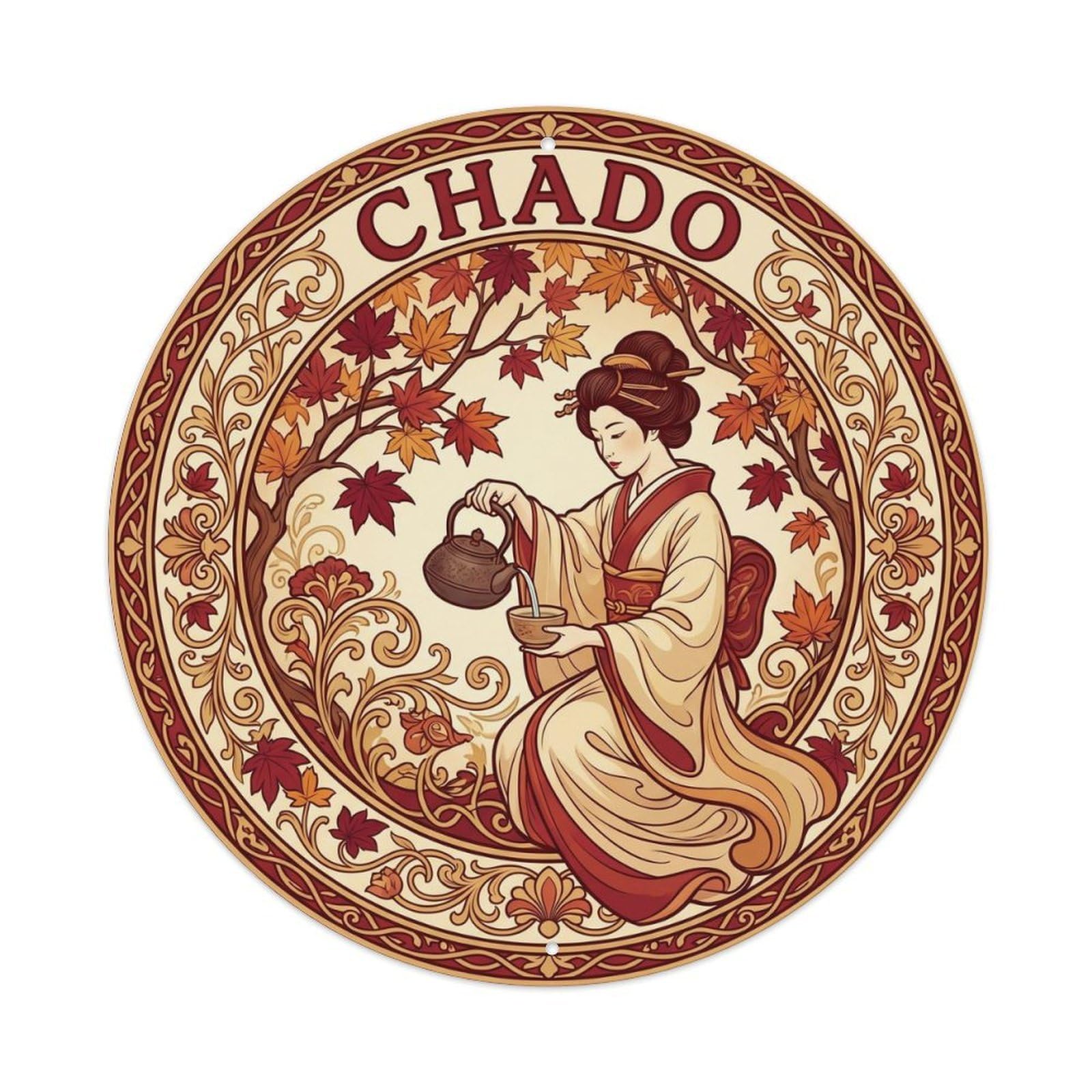 Olyhtr 8X8inch Classic Style Chado Tea Ceremony Autumn Leaves Nouveau Crimson Amber Metal Tin Sign
