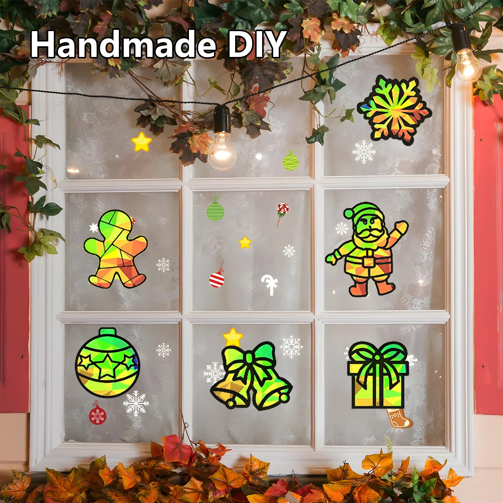Bastelset Weihnachten, 12 Stück Fensterbilder Set, Basteln Weihnachten, Sonnenfänger Bastelset, Weihnachtsbasteln DIY Bastelset Geschenk für Fensterbilder Weihnachtendeko (D)