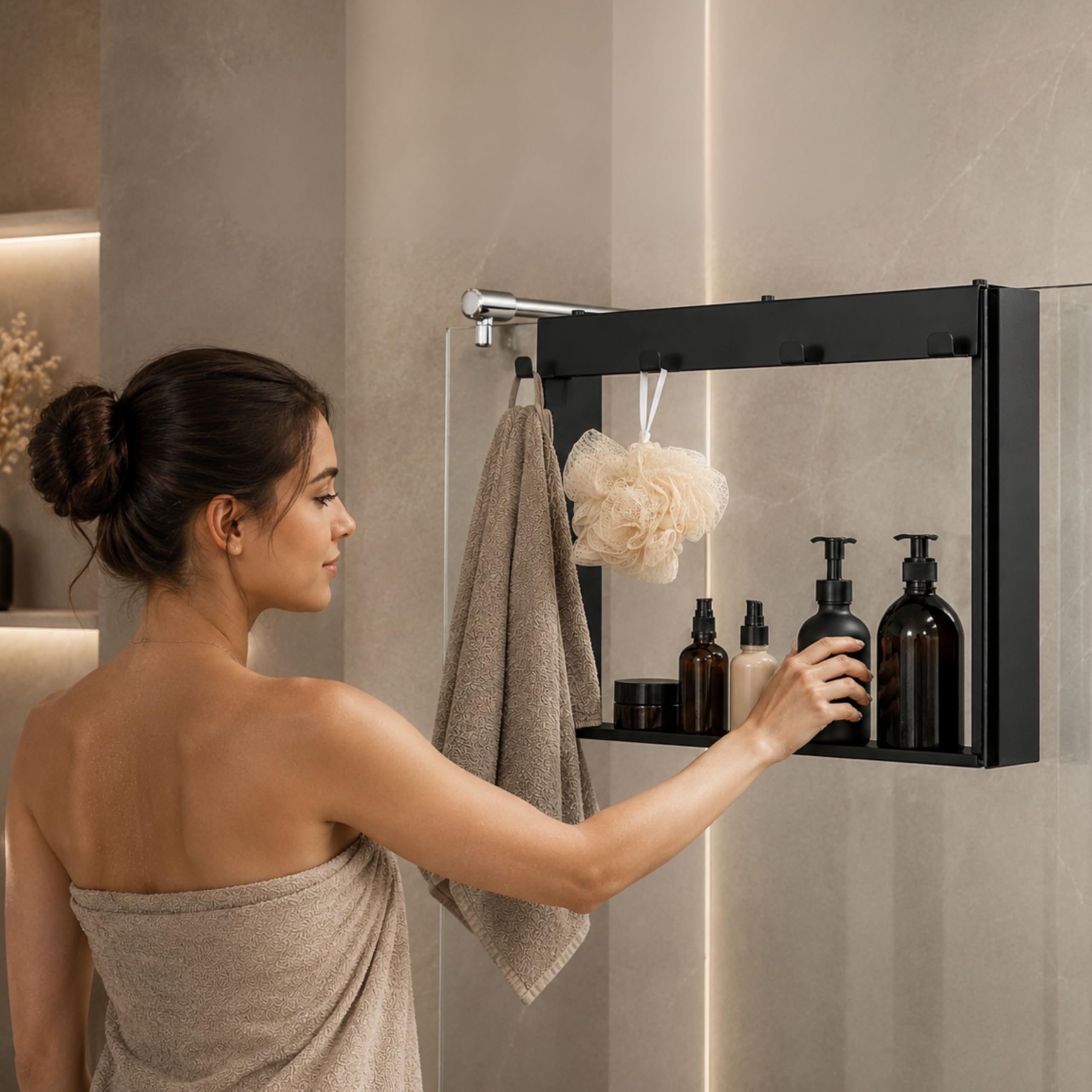 Edelstahl Duschablage zum Hängen ohne Bohren für die Glastür/Glaswand - Duschregal zum Einhängen mit 4 Haken - Regal für Glasduschwand als Duschkorb und Organizer für Badezimmer (schwarz)