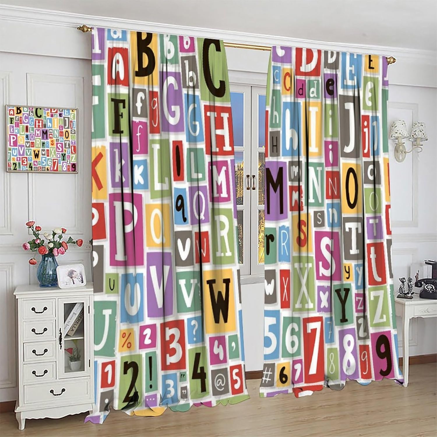 Colorful Alphabet Collage Curtains, Education ABC Letters Numbers Learning Print Window Treatment for Kids Children Room Nursery Classroom Decor, 52" W X 84" L