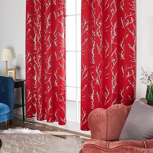 Miniatura 4 de Deconovo - Cortinas opacas, de 63 de largo, con aislamiento término, de bloqueo solar y con estampado de ramitas plateadas para dormitorio y hotel,