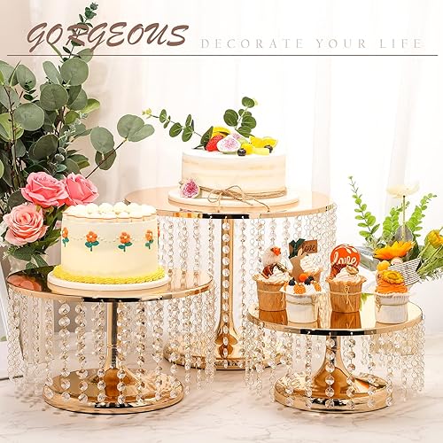 Miniatura 6 de Juego de 3 soportes de cristal para tartas, juego de exhibición de mesa de postre dorados, platos redondos de metal para tartas, pedestal, soporte