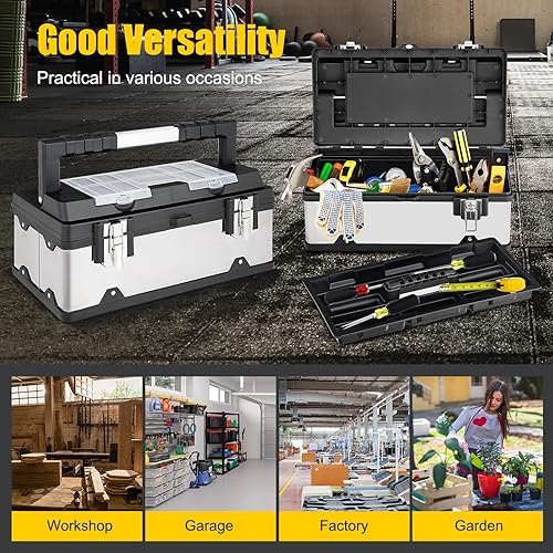 Miniatura 8 de Happytools - Caja de herramientas portátil caja de herramientas con cerradura con compartimentos de piezas pequeñas y bandeja extraíble caja de