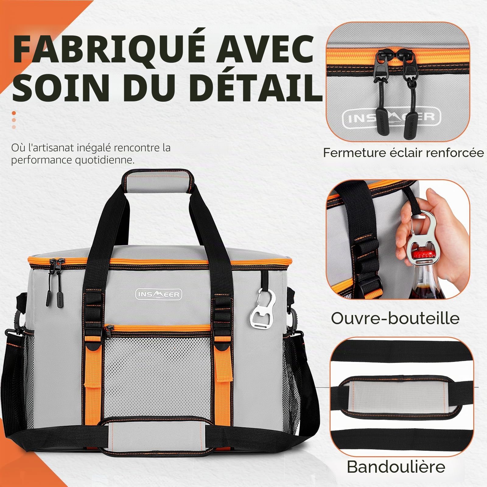 INSMEER Grand sac isotherme pliable de 50 l pour 80 canettes, pliable/anti-fuite avec ouvre-boîte, sac de pique-nique/glacière pour camping, plage, pique-nique, excursions en famille pour 4 personnes
