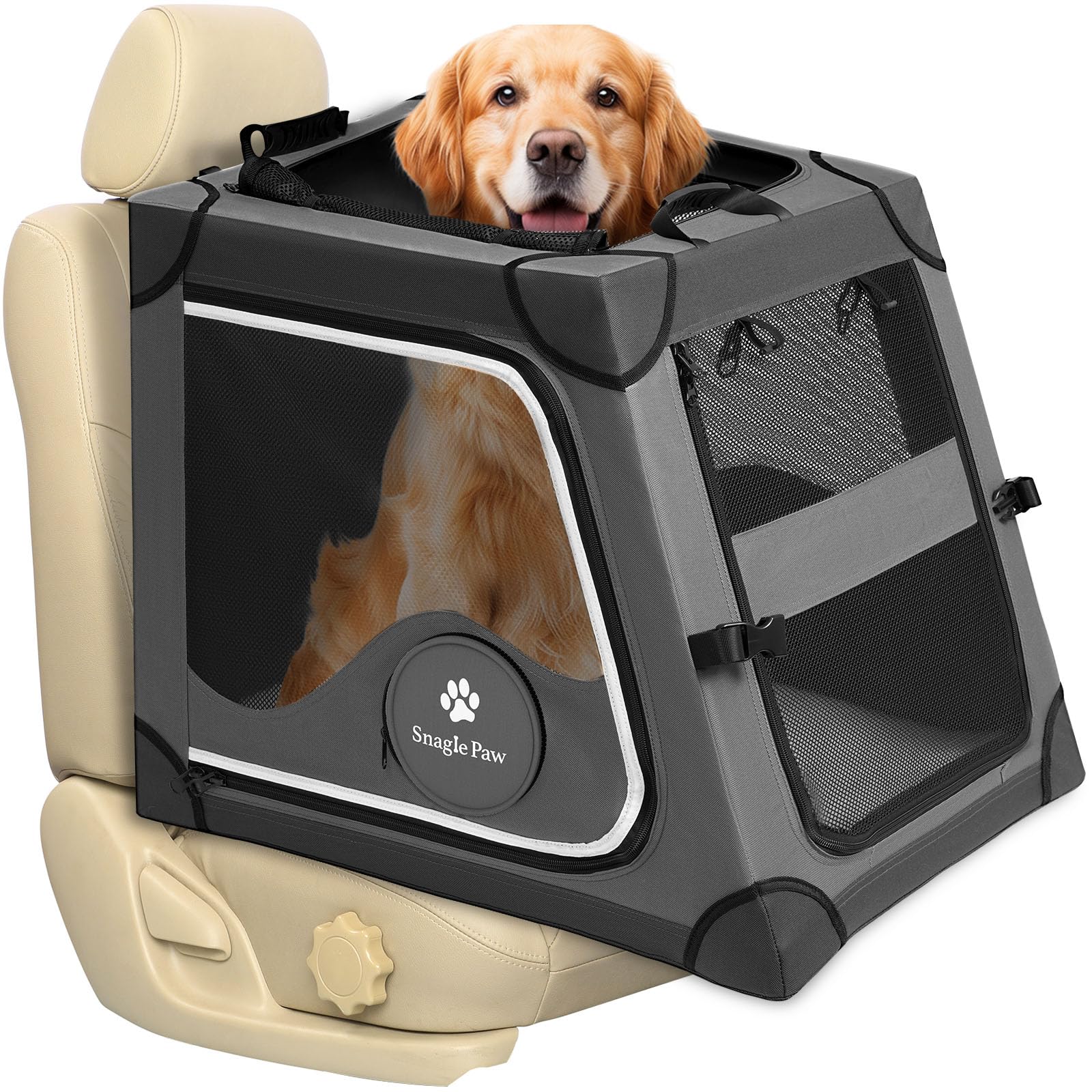 Snagle Paw Extra Larger Portable Dog Crate for Car Travel,Metal Frame Pet Crate with 3 Mesh WIndow,Breathable Pet Transport Carrier for Car Back Seat Secures with Headrest Strap and Seatbelt,L,Gray — image 1
