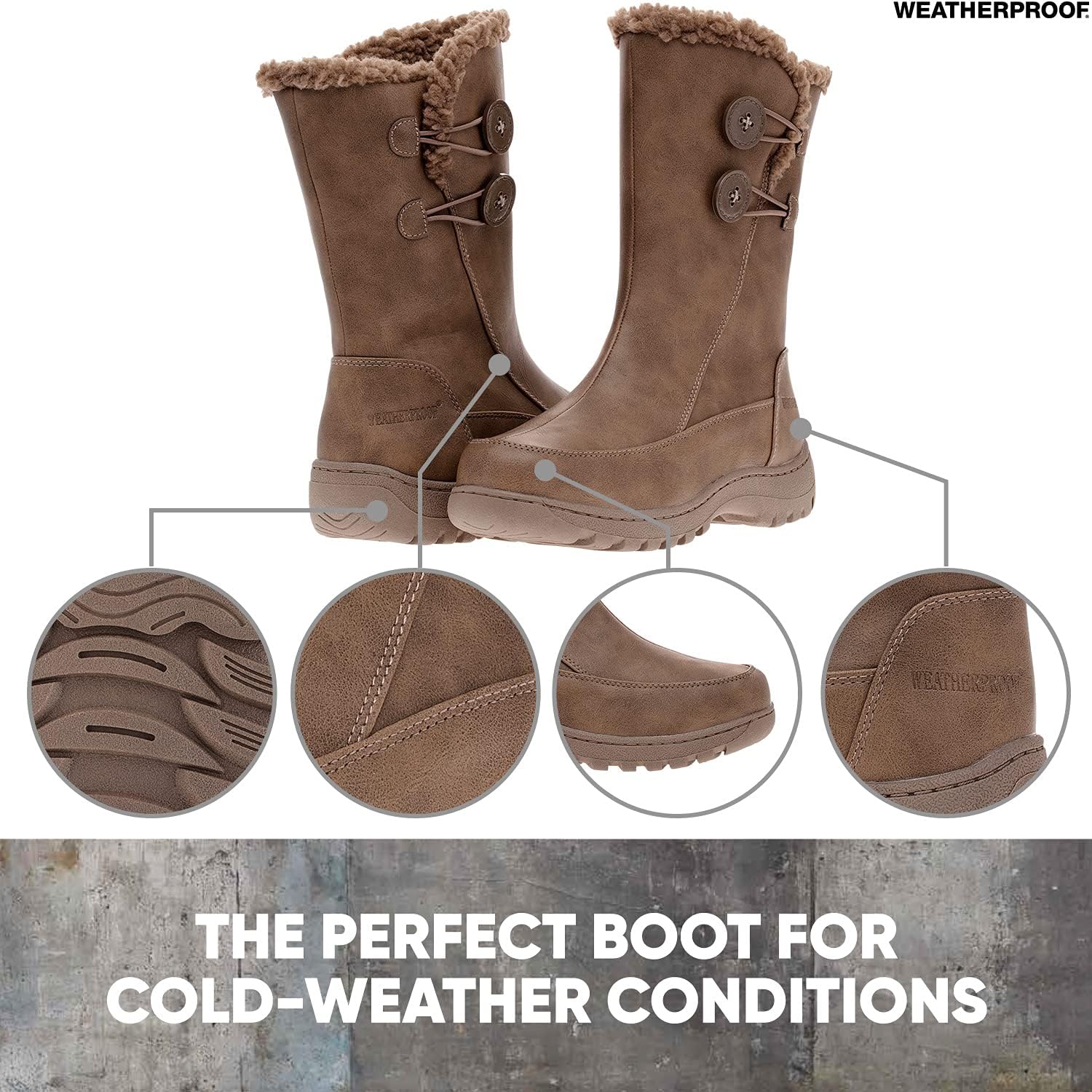 Weatherproof Women's Cold Weather Boots Side Zipper Dual Button Miranda Available in Medium and Wide Width 8 Brown