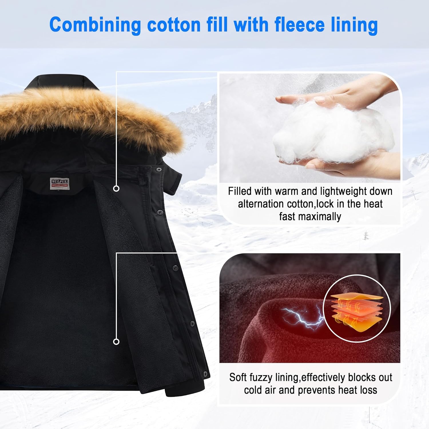 WULFUL Boy's Girls Winter Coats Waterproof Fleece Lined Puffer Jackets Kids Thicken Outerwear With Detachable Hood - Image 3