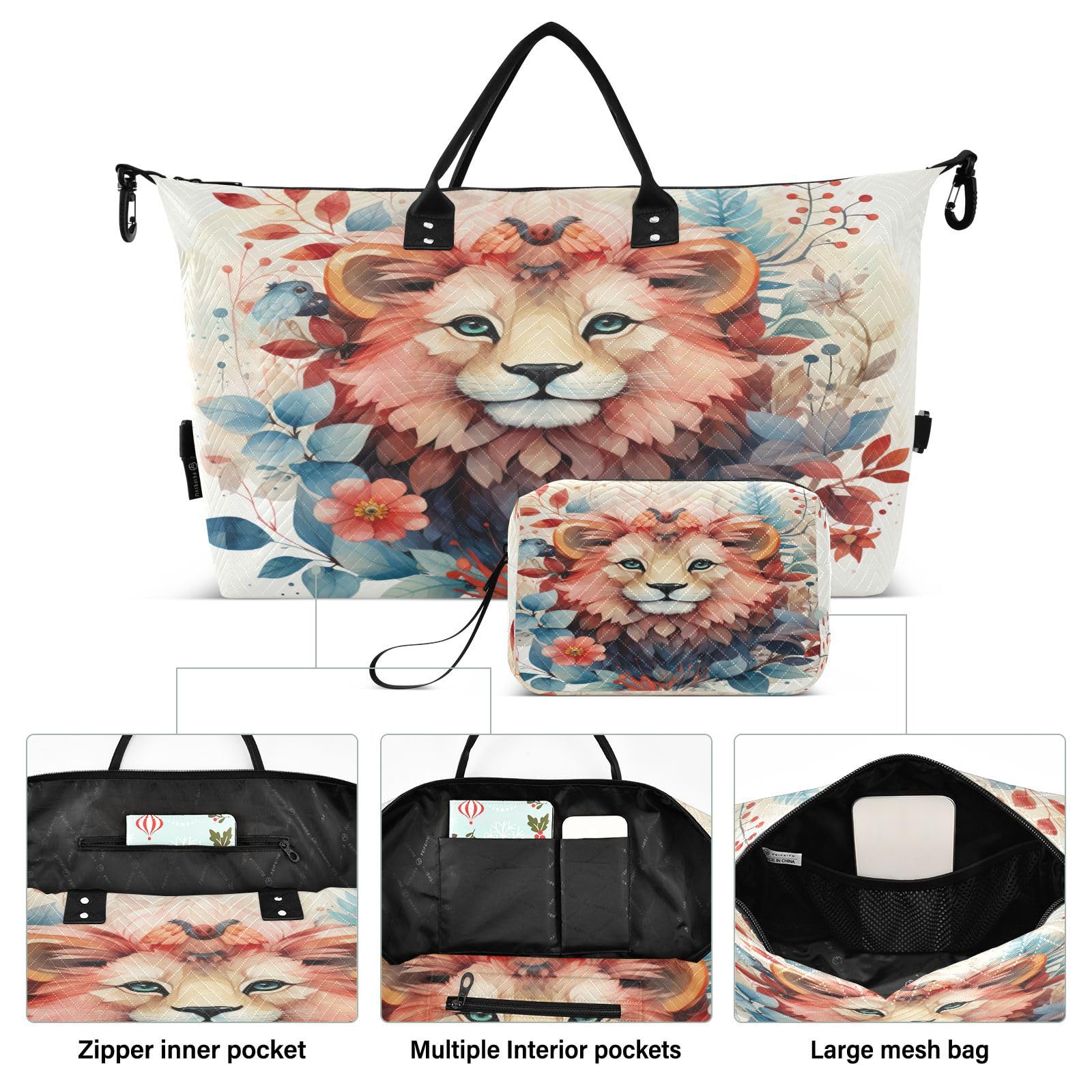 Floral Cartoon Lion Sports Swim Gym Bag Weekender Duffel Travel Bags Handbag with Makeup Storage Bag for Girls Men