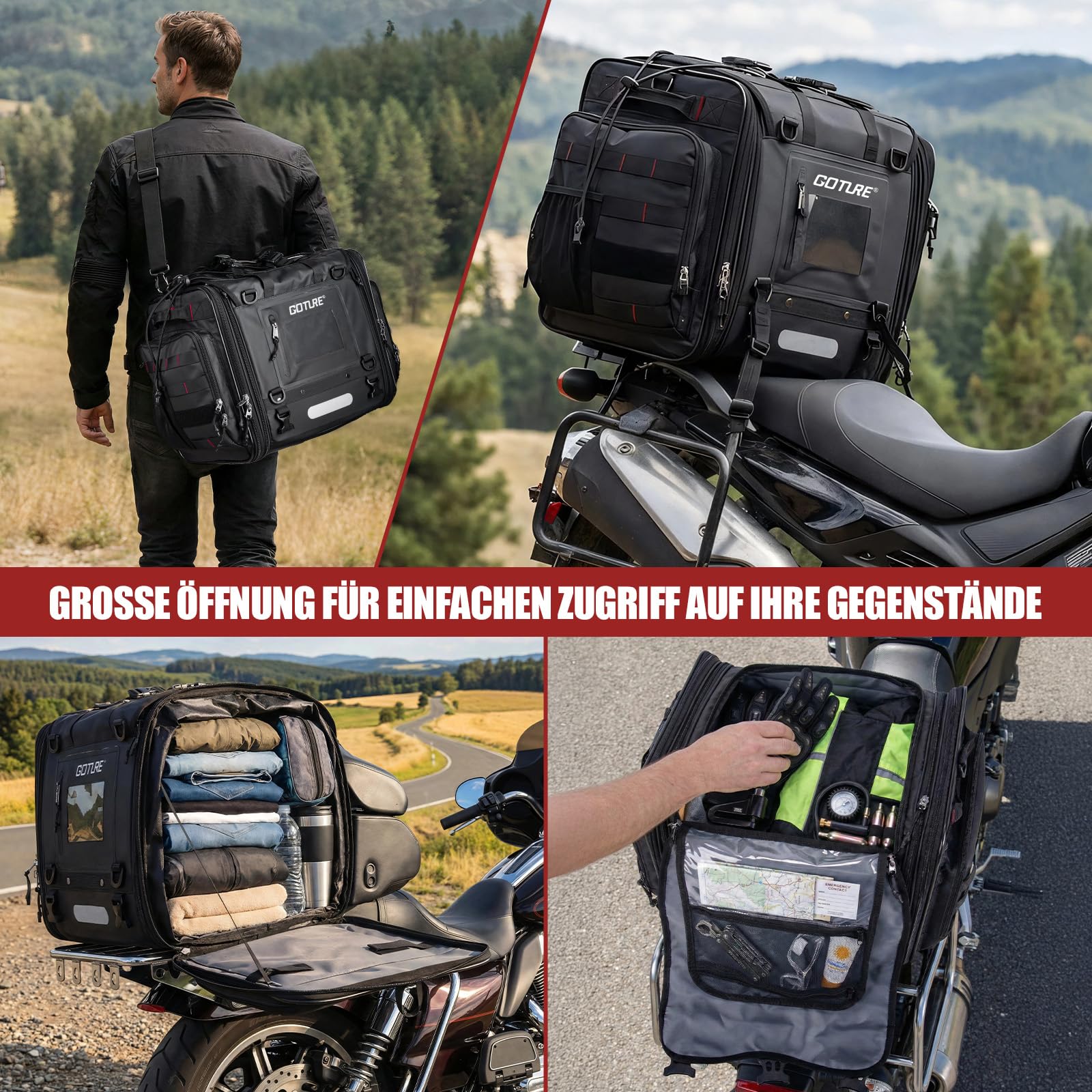 Goture Motorrad Hecktasche 50-70L Erweiterbar Wasserdicht 1000D Cordura | Formstabile Motorradtasche mit rutschfestem Boden für Touring, Reise & Camping - robust, langlebig & einfach zu montieren