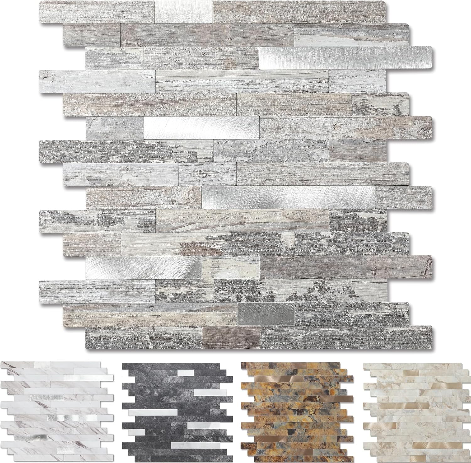 Yipscazo Peel and Stick Wood Metal Tile Backsplash, Stick on Tiles for Backsplash Kitchen, Bathroom, Laundry Room, Camper, Fireplace (12'' X 12'', 10 Sheets in Light Rustic)