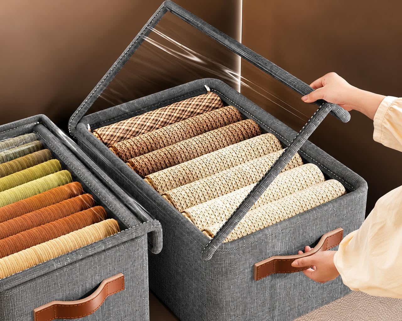 Fabric Storage Box with Lid, Grey, Rectangular Organizer, 30x30x30 cm, 26 Liters Capacity, 2 Compartments-image-45