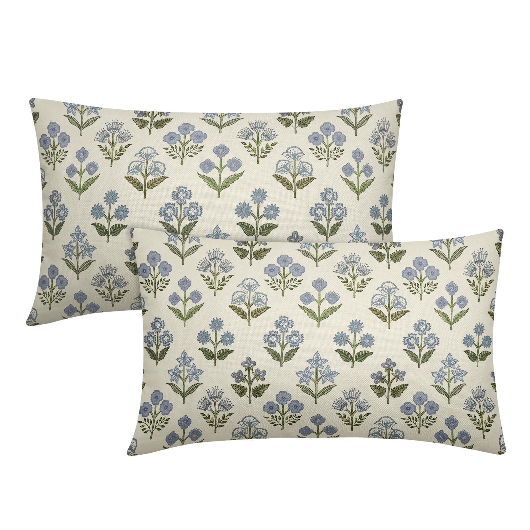 Blue Green Block Print Lumbar Pillow Covers 12x20 Inch Set of 2, Vintage Floral Decorative Throw Pillow Cases Boho Cushion Covers Rustic Decoration