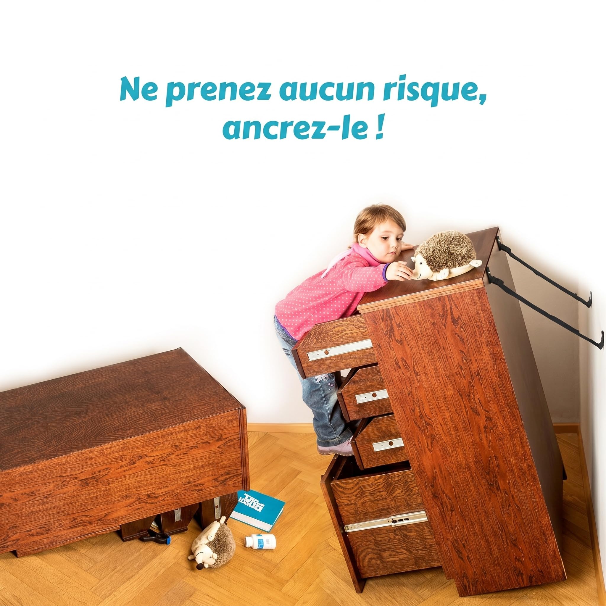 Boxiki Kids Anti Basculement Meuble Sangle Fixation Mur Kit 8 Sangles Sécurité Bébé Enfant Ancrage Anti-Renversement Réglable Noir