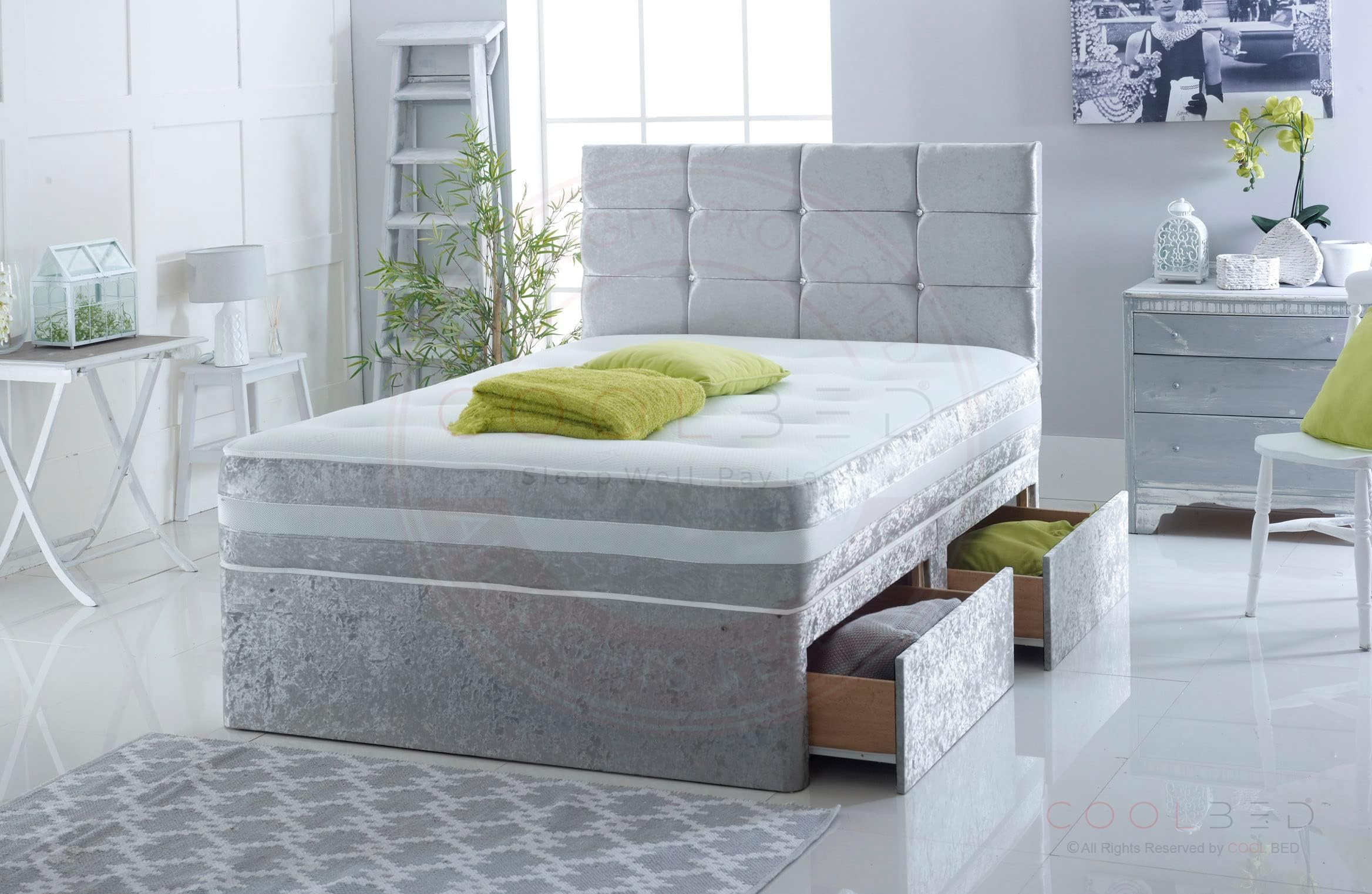 COOL BED Silver Crushed Velvet Divan Bed Set with Memory Sprung