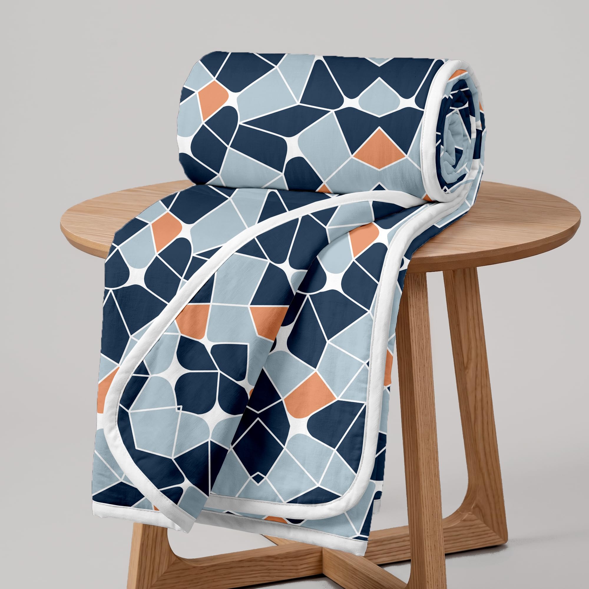 Divine Casa 120 GSM Microfiber Double Dohar | Soft & Lightweight Throw Blanket | Cozy & Breathable | All-Season Comfort | 220 x 205 CM | Geometric Pattern | Blue-Grey & Orange