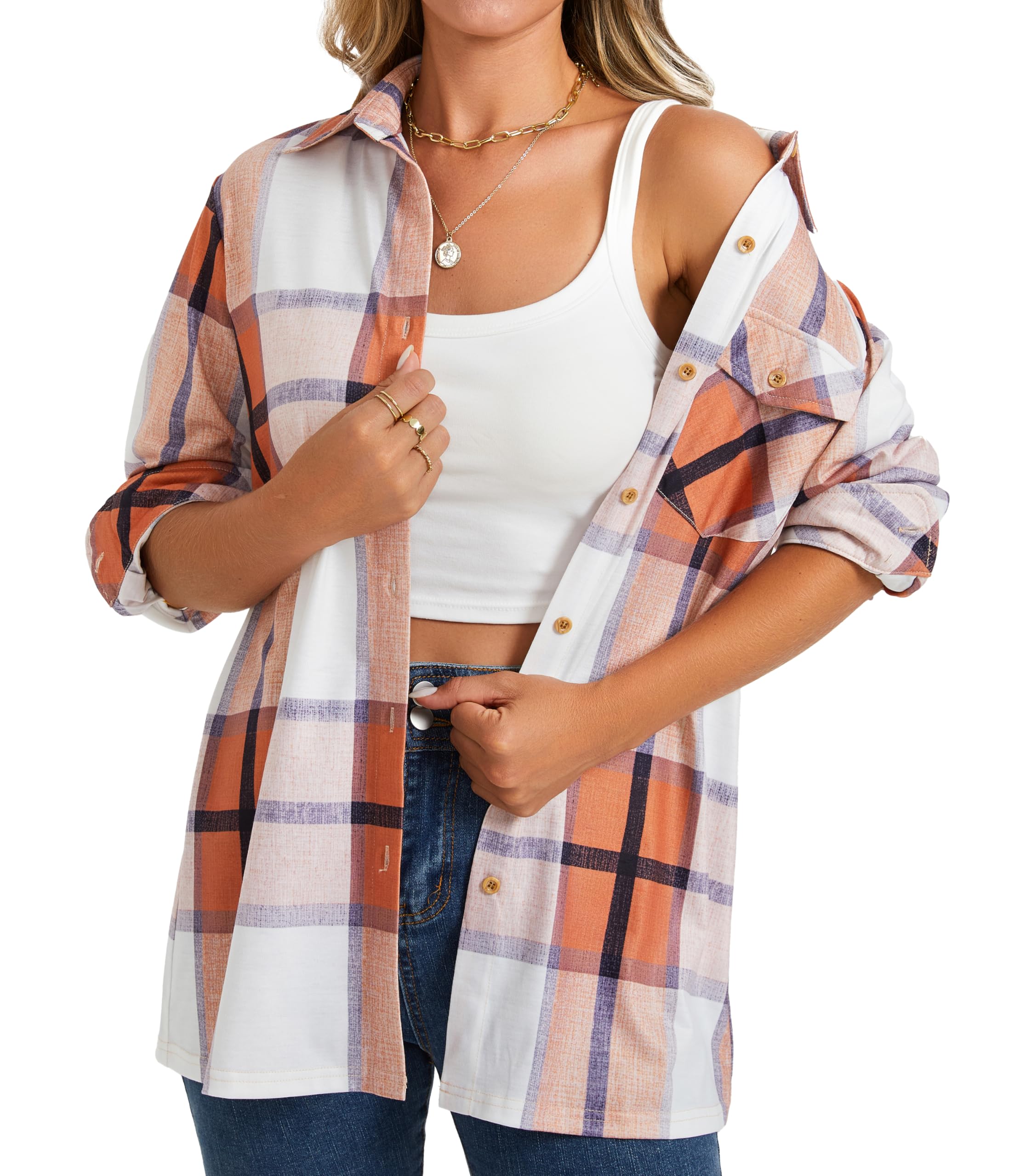 Enmain Camisa a Cuadros Mujer Manga Larga Camisa Elástica Botones Blusas de Cuadros con Bolsillos