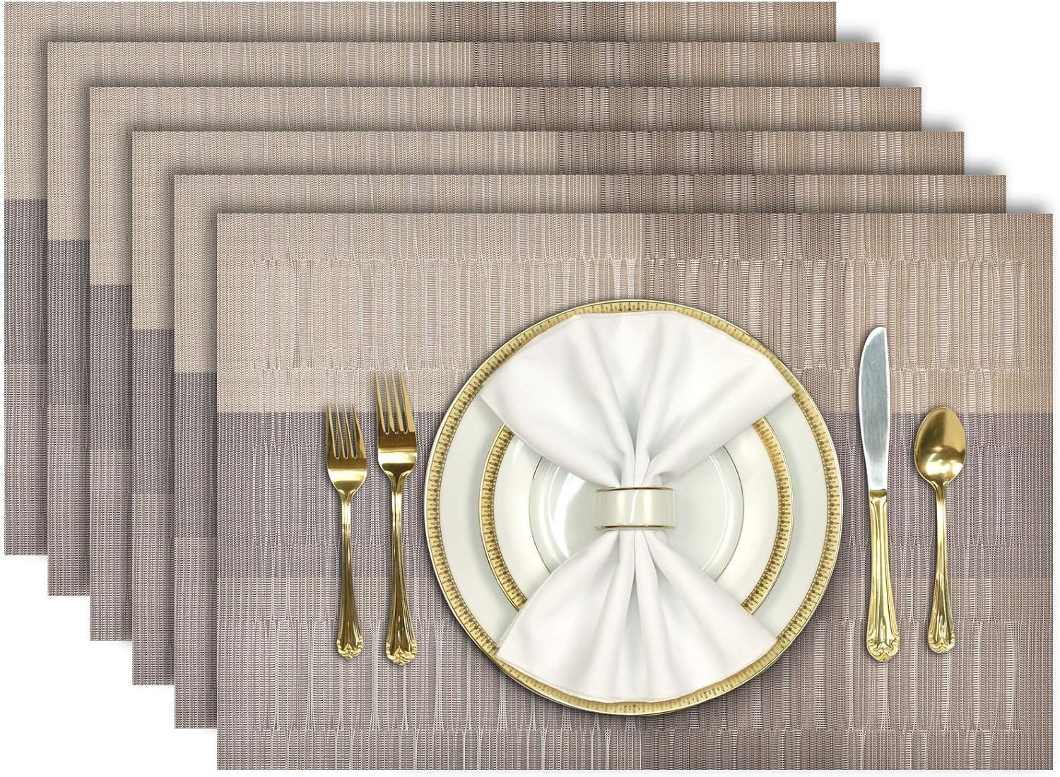 Fideo Placemats Set of 6 for Dining Table | PVC Woven Table Mats | Beige Gold | Non Slip Heat Resistant Washable Waterproof Anti Skid Placemats | Table Protector for Kitchen Home Restaurant