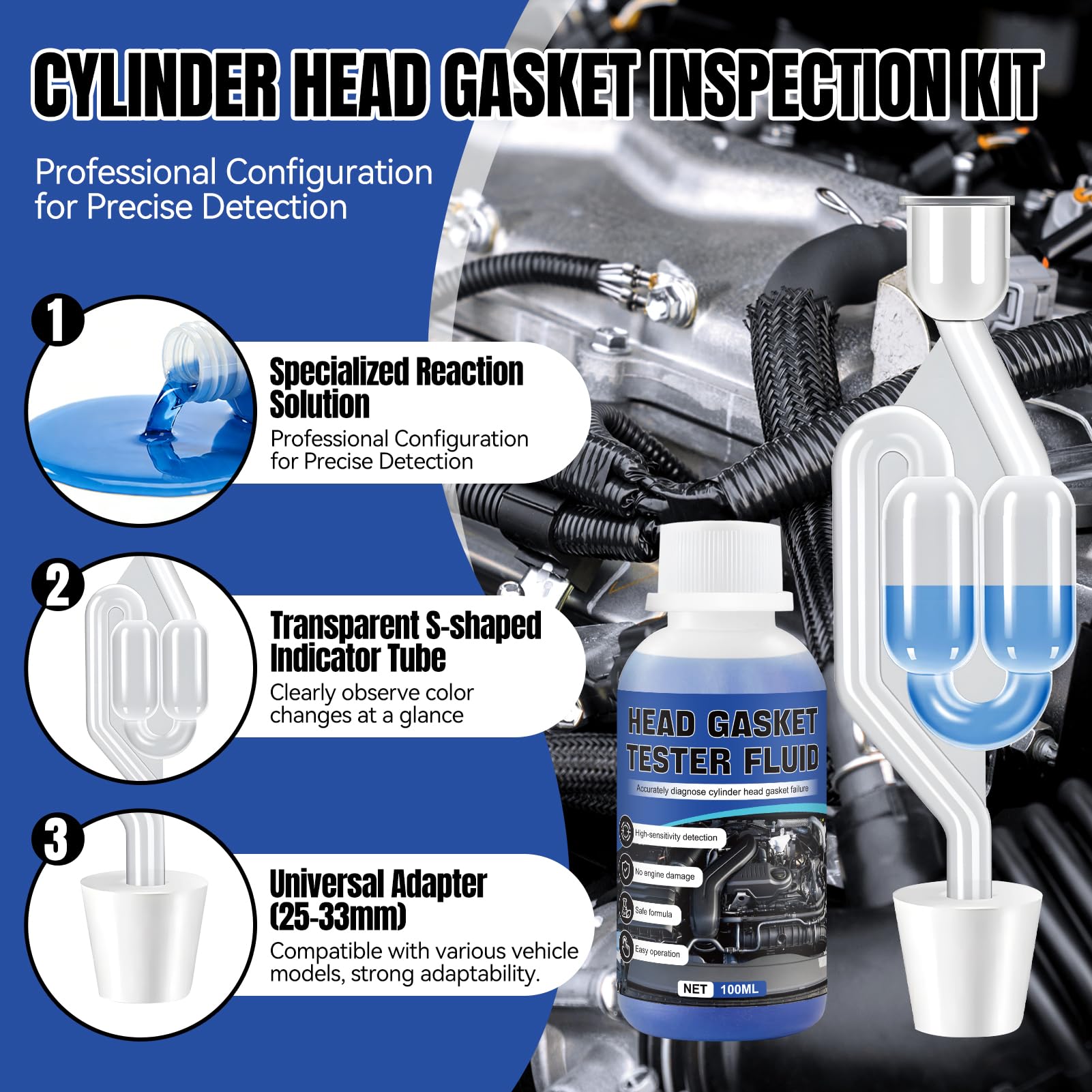 Tester di Guarnizione a Testa Cilindrica,Tester per Guarnizione Testata CO2,Test Guarnizione Testata Bruciata,Diagnostica Rapida Precisa,Kit Universale Rilevatore di Perdite CO₂ per Auto e Moto 100ml