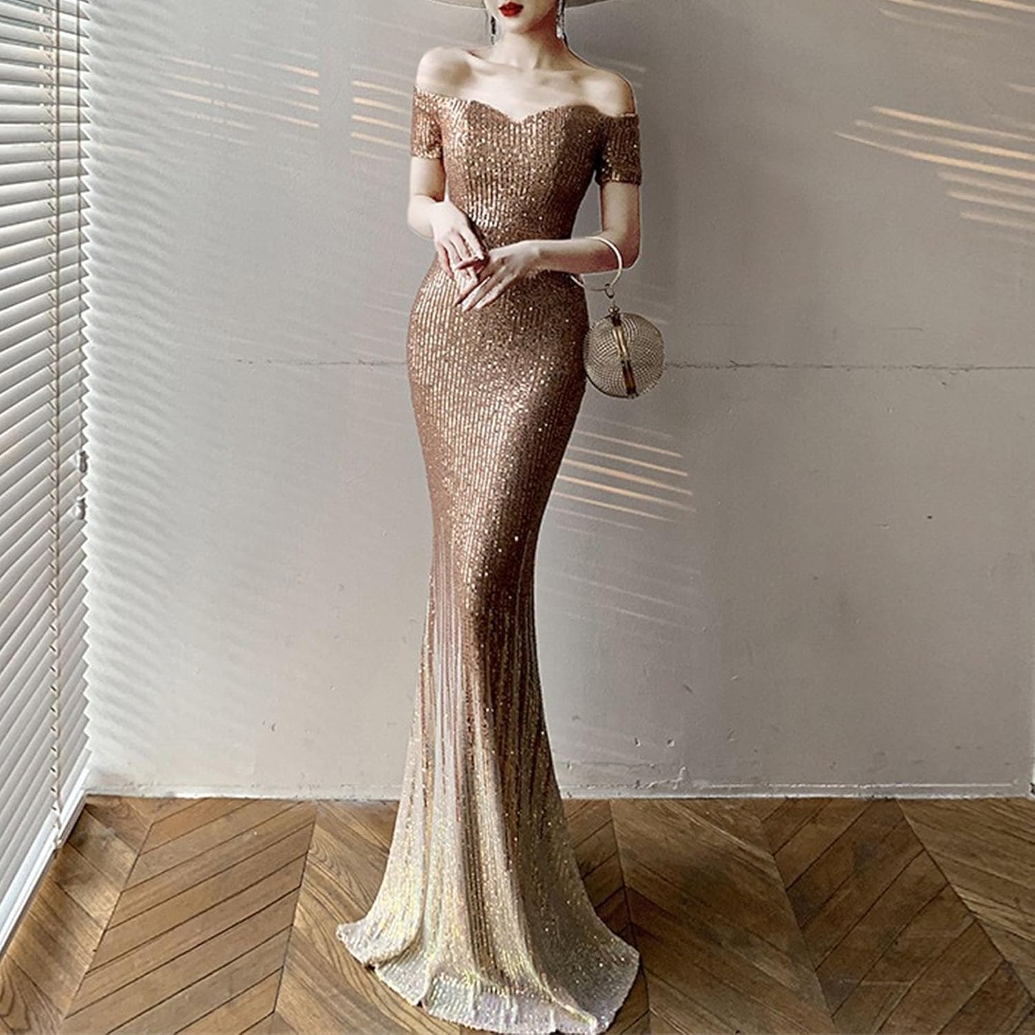 JEKE-DG Women's Wrap Bodycon Elegant Wedding Outfit Sequin Sparkly Sexy Cocktail Dress Slim Fit Sexy Maxi Dresses