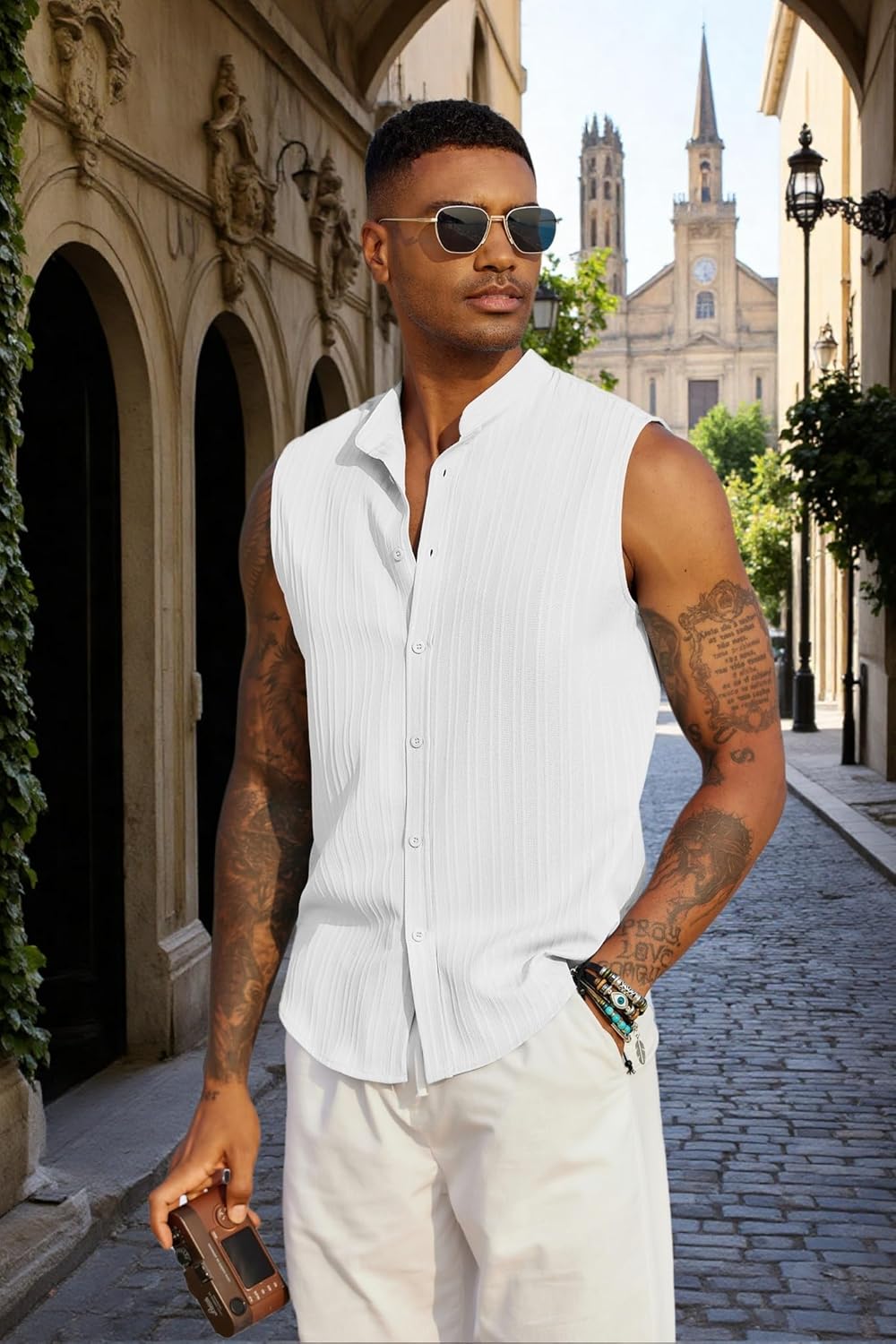 COOFANDY Mens Sleeveless Summer Shirts Beach Tank Tops Button Up Textured Tank Shirt for Vacation - Image 5