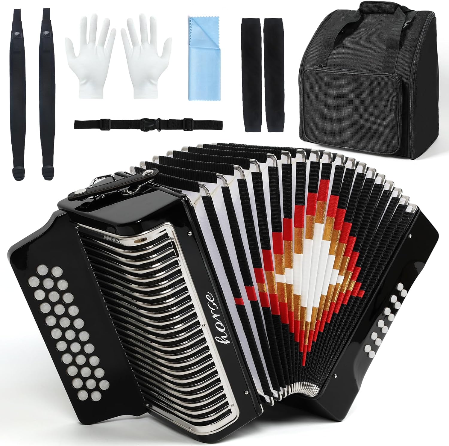 Horse 31 Key Accordion,12 Bass 3-Row Diatonic Accordions Instruments for Adults with Gloves, Suitcase and Straps, Button Acordeón Acordeones Para Adultos for Beginners(Black GCF with Metal Cover)