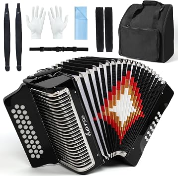Horse 31 Key Accordion,12 Bass 3-Row Diatonic Accordions Instruments for Adults with Gloves, Suitcase and Straps, Button Acordeon Acordeones Para Adultos for BeginnersBlack GCF with Metal Cover