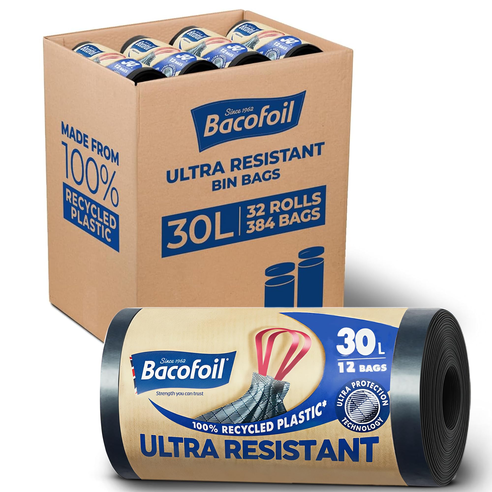 Bacofoil Ultra Resistant Bin Liners with Drawstring Handles 30L - Leak-Proof and Tear Resistant Bin Bag with Ultra Protection Technology (32 Rolls, 384 Bags)
