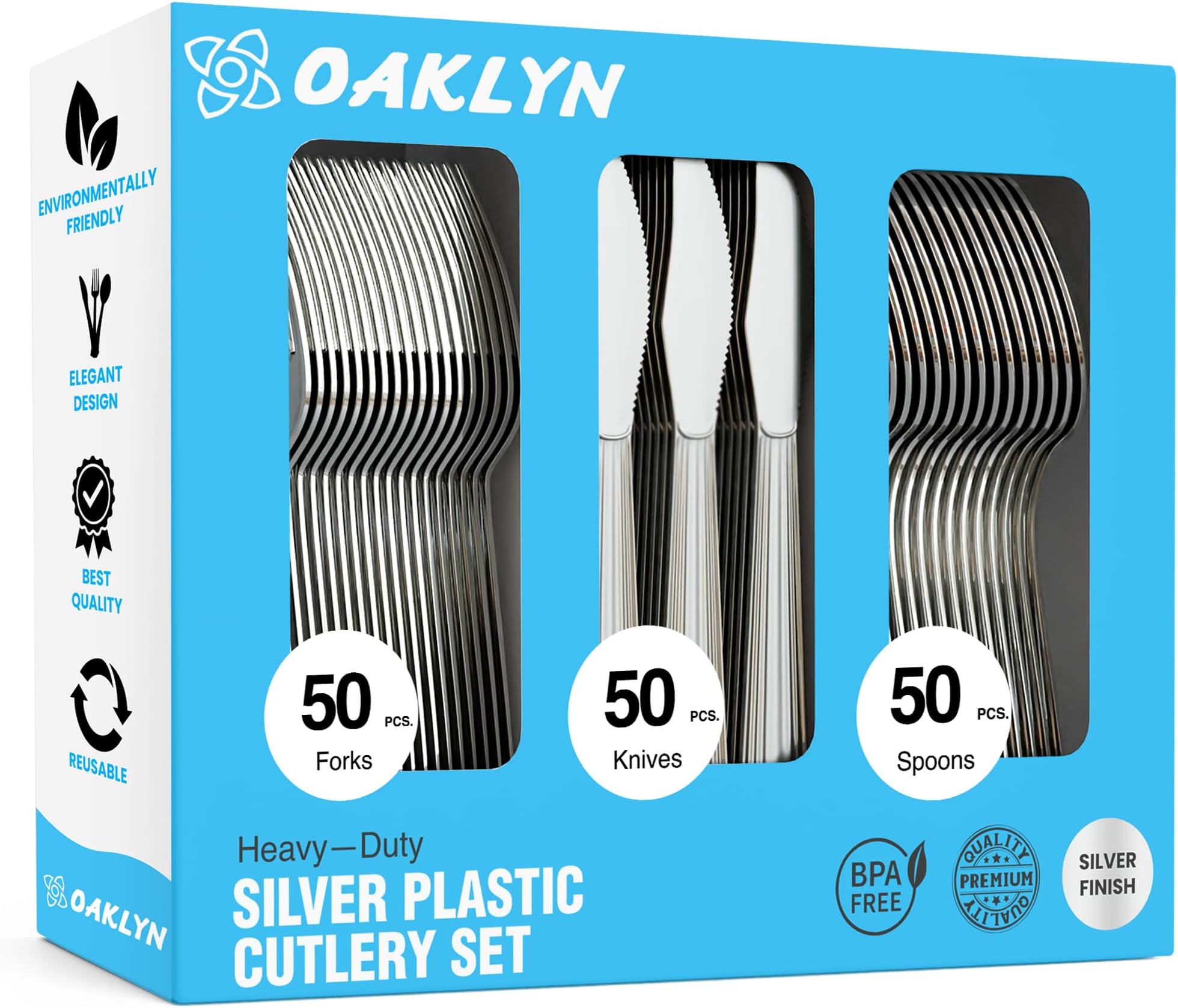 Plastic Silverware 150 Count - 50 Forks, 50 Spoons, 50 Knives BPA-Free, Premium Plastic Utensils Heavy Duty for Parties, Events, and Beyond