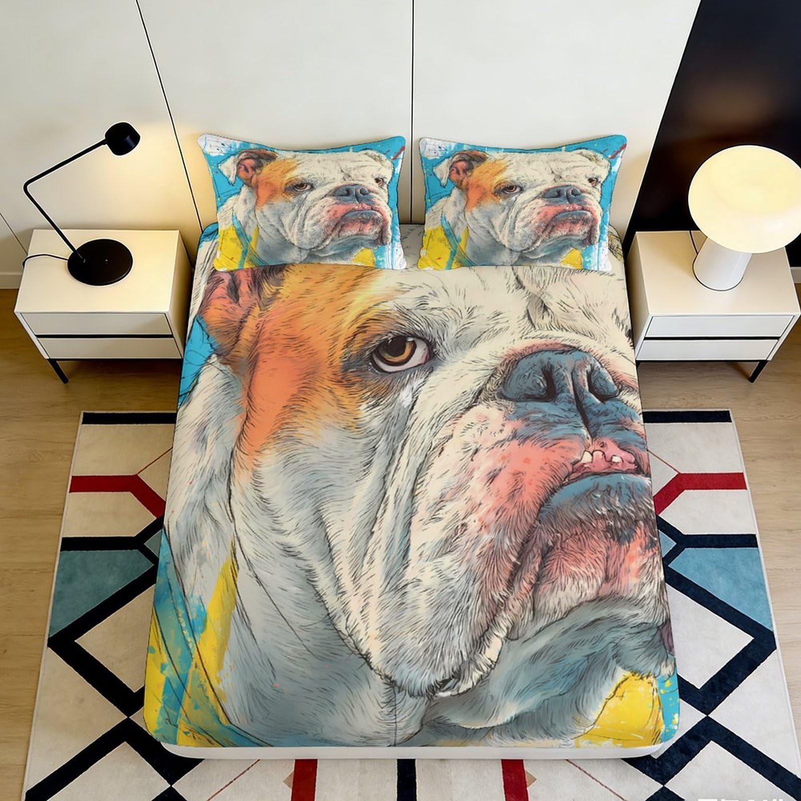 3D Printed Bulldog Pattern Fitted Sheet Microfiber Soft Breathable Colorful Dog Face Bed Cover for Bedroom Dormitory Guest Room Mattress Protection 90x200x25cm