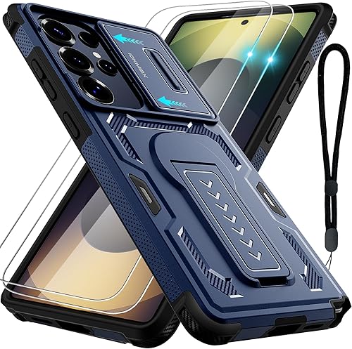 Miniatura 11 de Funda para Samsung Galaxy S25 Ultra con 2*Protectores de Pantalla, Cubierta Deslizante para Cámara, Soporte, Correa con Cordón, Grado Militar Negro