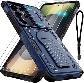 for Samsung Galaxy S25 Ultra Case with 2*Screen Protector, Slide Camera Cover, Kickstand, Lanyard Strap,Military Grade Shockproof Protective Heavy Duty Case, Navy Blue