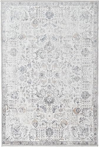 Miniatura 8 de COLLACT Alfombra vintage de 3 x 5 pies, alfombra delgada para interiores, alfombra retro envejecida gris, alfombra con estampado floral, alfombra