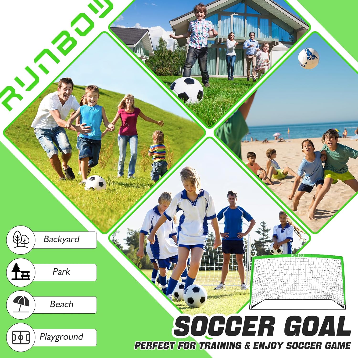 RUNBOW 11x5.5' 9x5' 6x4' FT Kids Soccer Goal with Carry Bag, Portable Folding Soccer Net for Backyard Training, Indoor/Outdoor Use for Youth and Adults