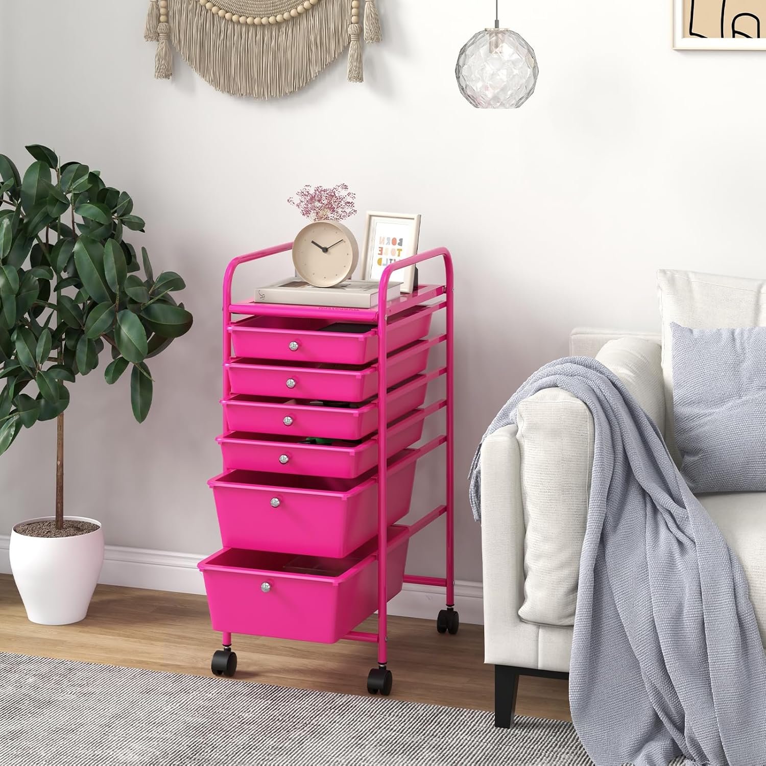 DREAMADE Rolling Cart with Storage Drawers, Utility Cart w/Removable Plastic Drawers, Lockable Wheels, Art Cart for Classroom Organization Art Supplies Office Scrapbook (6 Drawers, Hot Pink)
