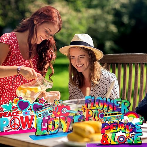 Miniatura 3 de Geetery 6 piezas de suministros de fiesta hippie de los años 60 Centros de mesa de madera Groovy para decoración de mesa Decoración de fiesta de