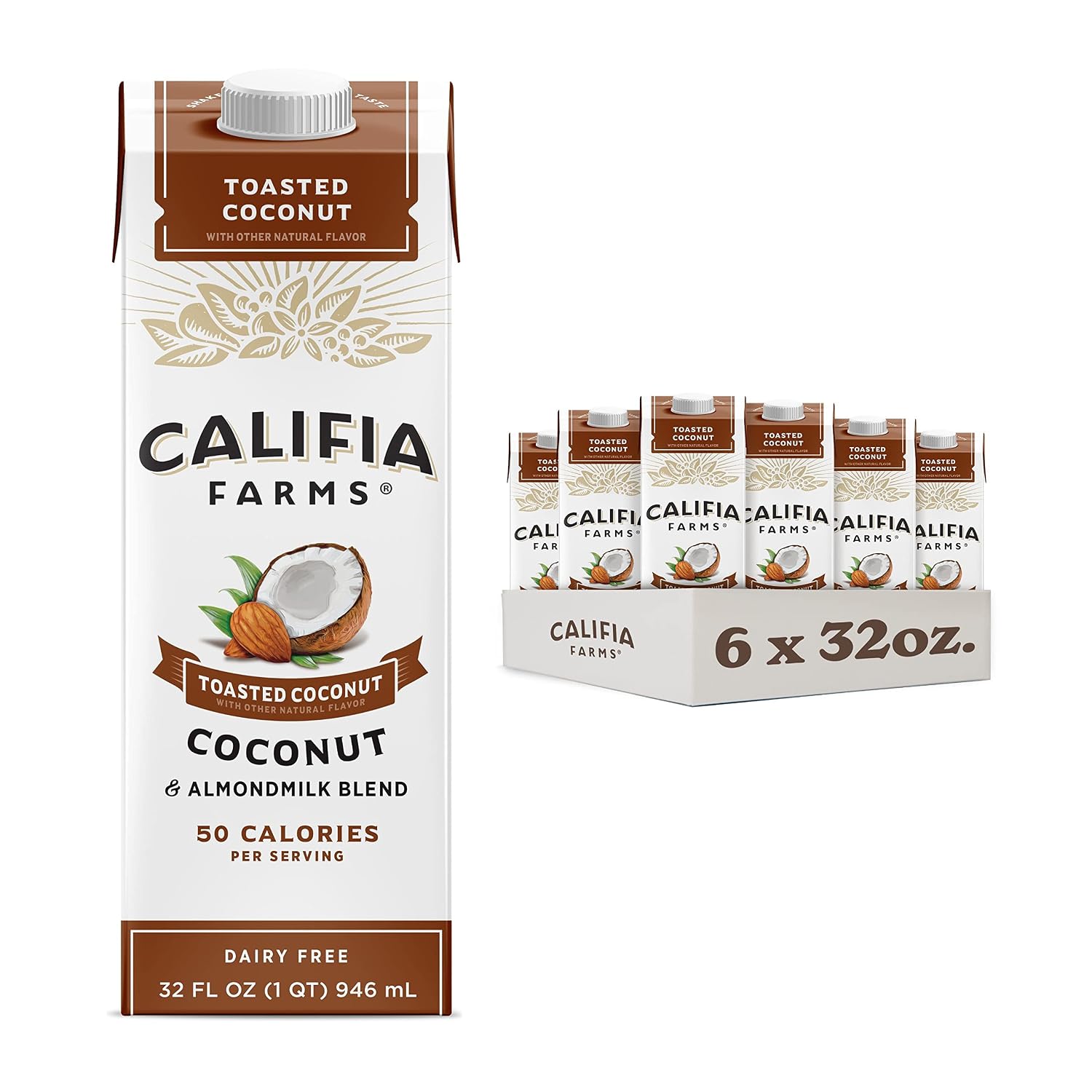 Califia Farms - Toasted Coconut Almond Milk, 32 Fl Oz (Pack of 6), Dairy Free, Vegan, Plant Based, Shelf Stable, Vegan, Gluten Free, Non GMO, Sugar Free, High Calcium, Smoothie, Coconut Milk
