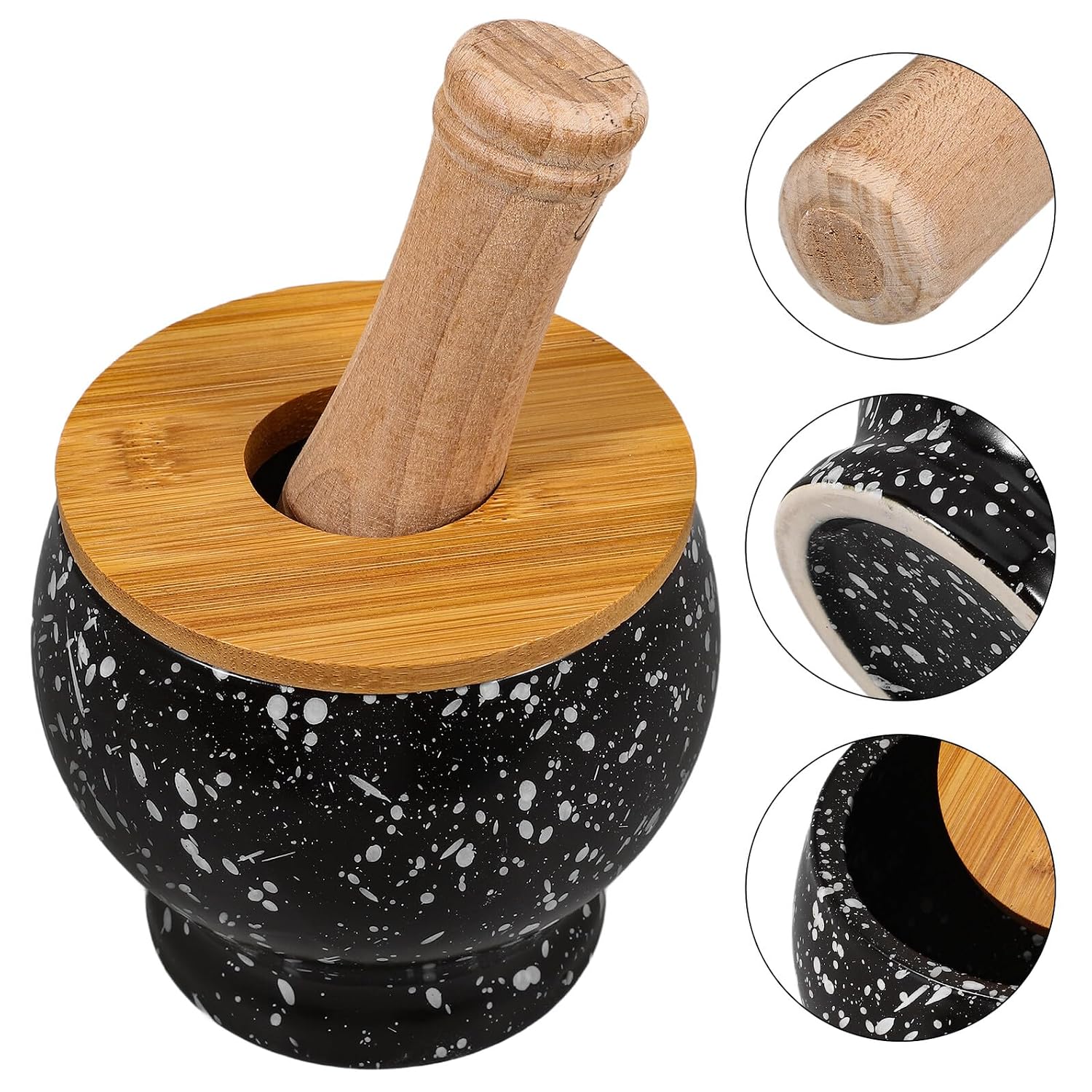 Ceramic Garlic Bowl and Pestle Kit with Lid, Stone-Effect Mortar for Seasoning and Medicine, Household Kitchen Spice for Crushing Pills and Paste