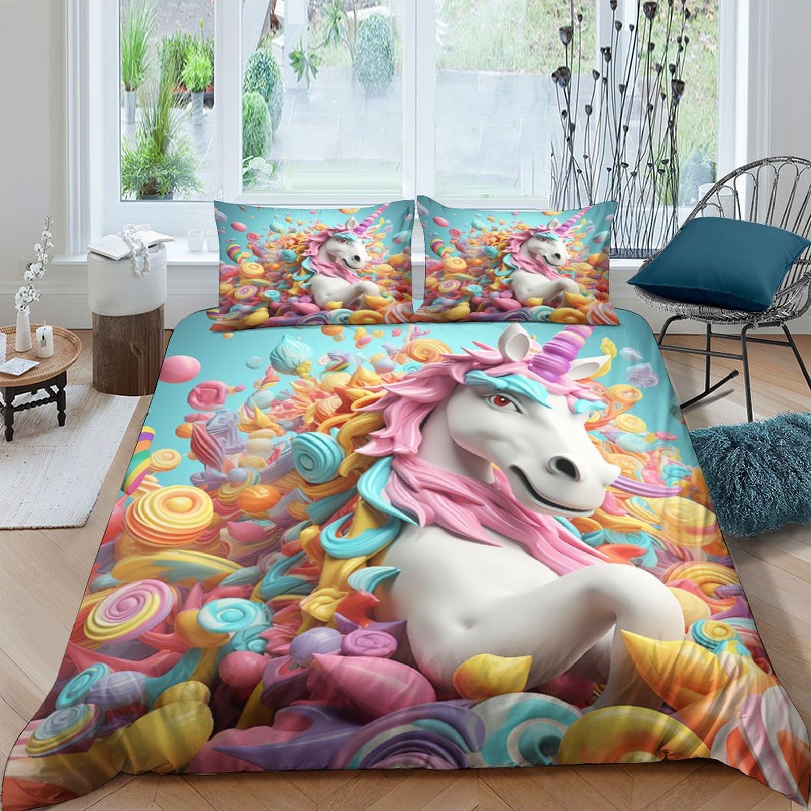 Housse de couette licorette 3D sucette parure de lit 200x200 adulte enfant linge de lit microfibre