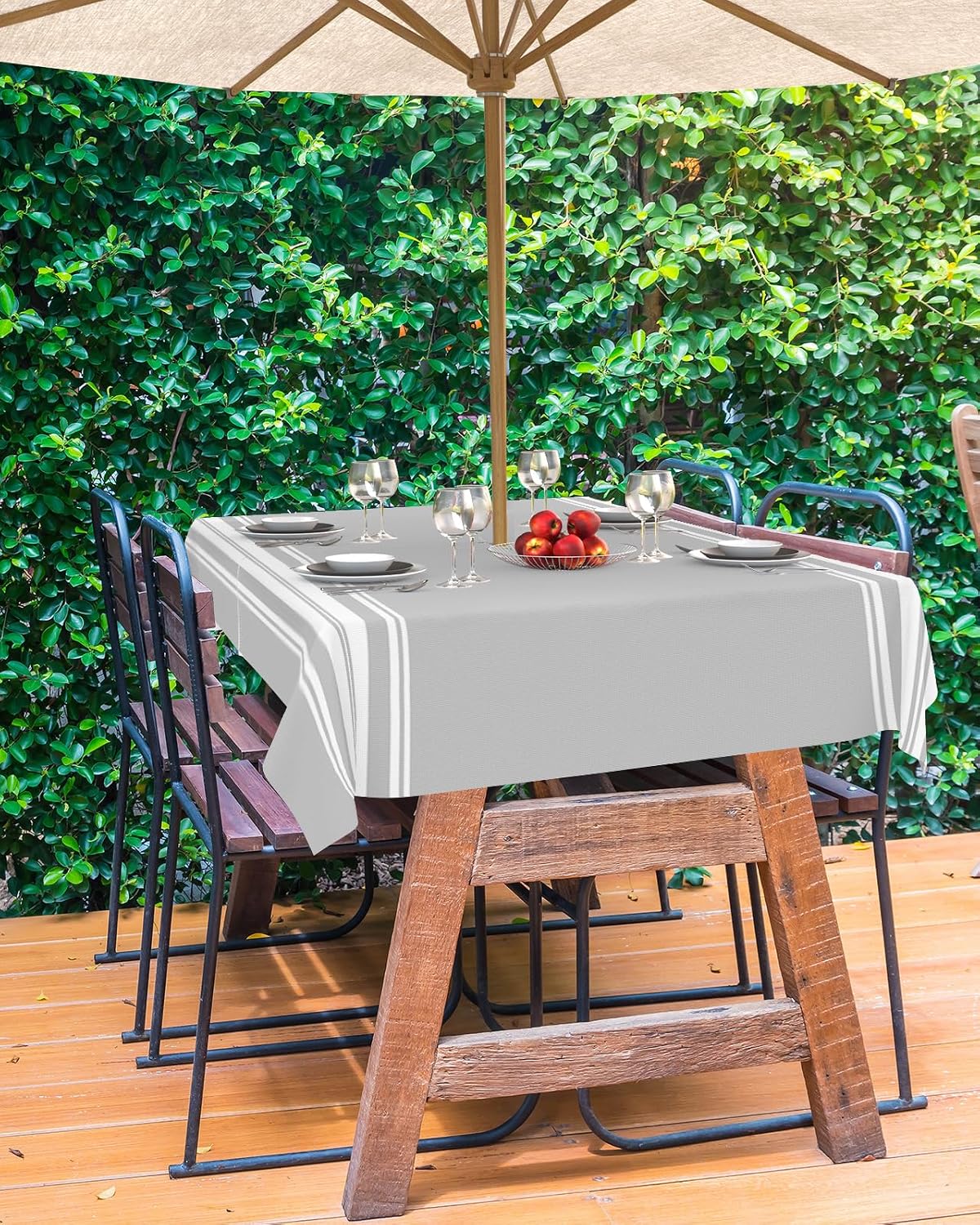 QueenKer Outdoor Tablecloth with Umbrella Hole, Farmhouse Gray White Stripe Rectangle Tables Waterproof Tabletop Collection for Patio, Garden, Picnic, Camping, Dining 60 x 120 inch