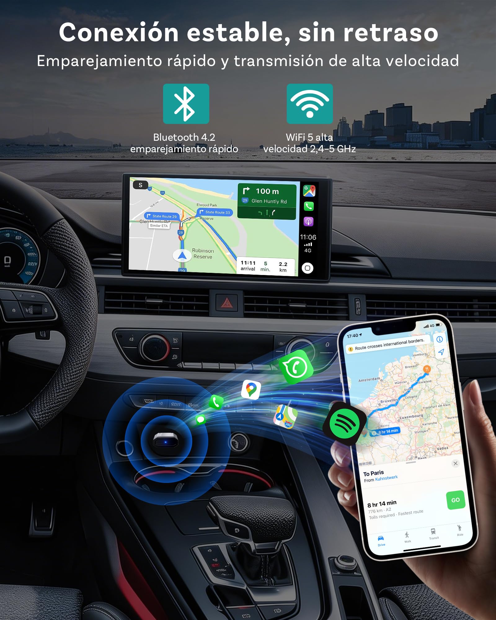 OTTOCAST Mini Nova 2026 Upgraded, Adaptador CarPlay Inalámbrico Android Auto, Diseño Aluminio Compacto, WiFi Doble Banda, Plug & Play USB, para Coches con CarPlay con Cable OEM Desde 2016
