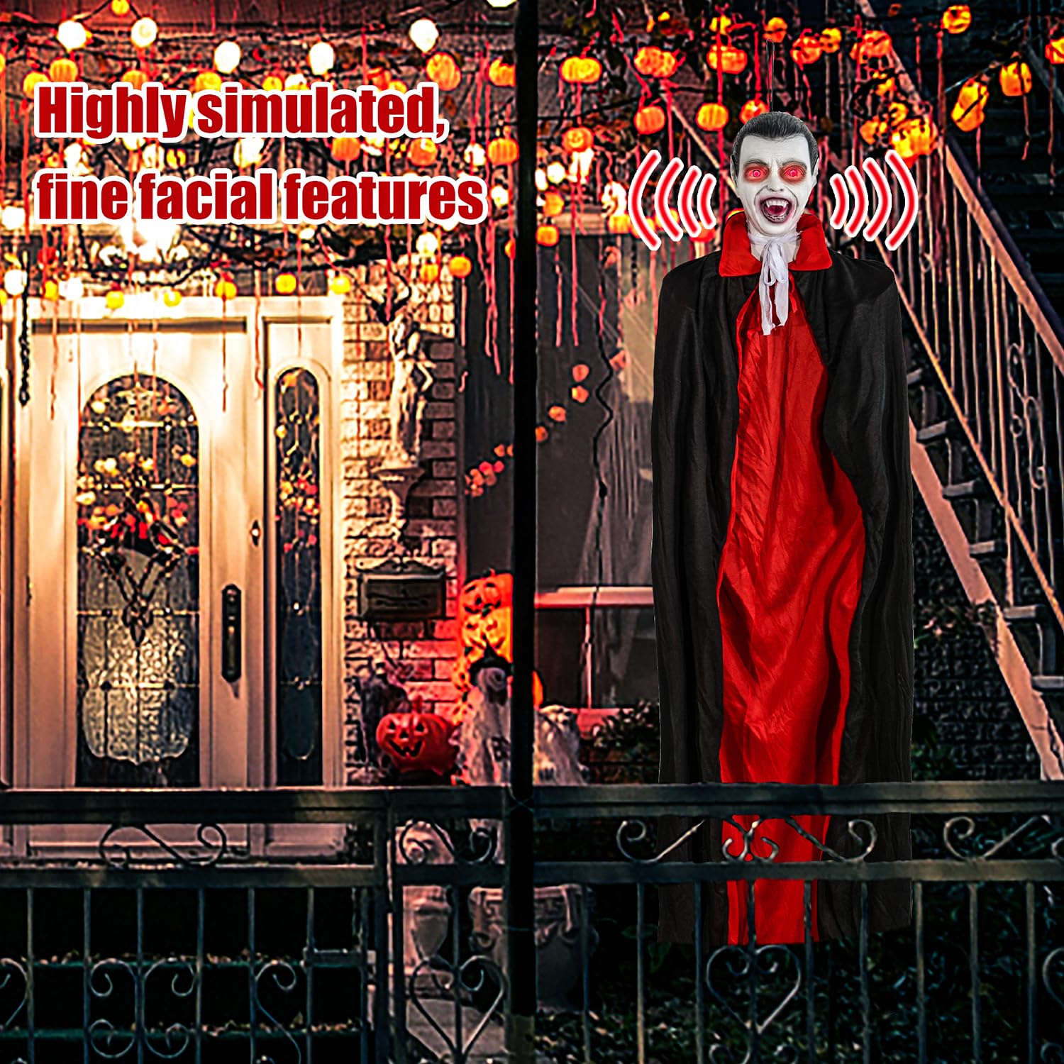 Decorazioni fantasma di Halloween, fantasmi animati da appendere, vampiro zombie con attivazione del suono e occhi rossi che si illuminano, puntello di Halloween per albero di Halloween, decorazione